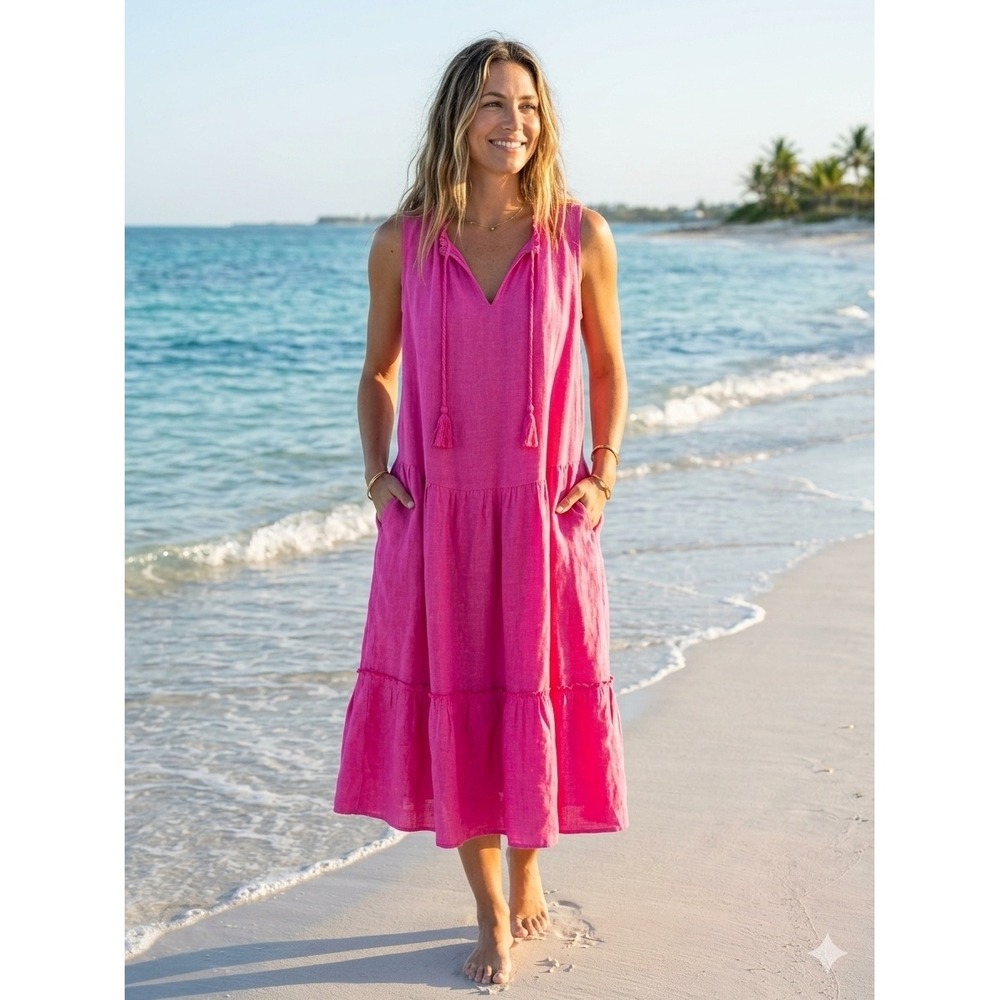 J.McLaughlin Pink Linen Tiered Midi Dress Sleeveless Tassel V-Neck Size L New